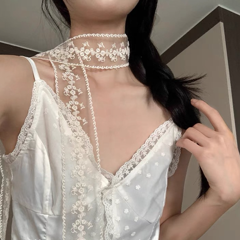 Black color Lace scarf Lightweight Long size White color Silk hairband ...