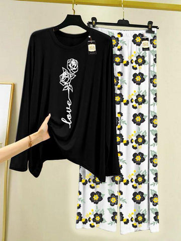 Love Rose Printed Nightwear Set with Flower Printed Trousers – Women's Lounge Wear By Zavi wear