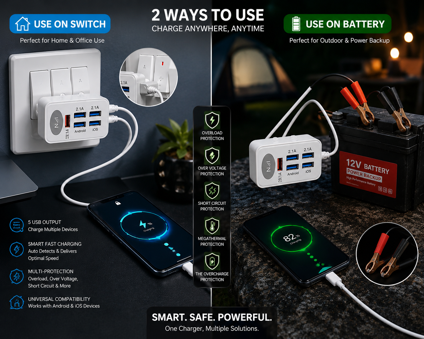 5 USB Smart Fast Charger with Android & Small Pin Cable | 3.9A Fast Charging Adapter | AC/DC Dual Charging | Multi Protection