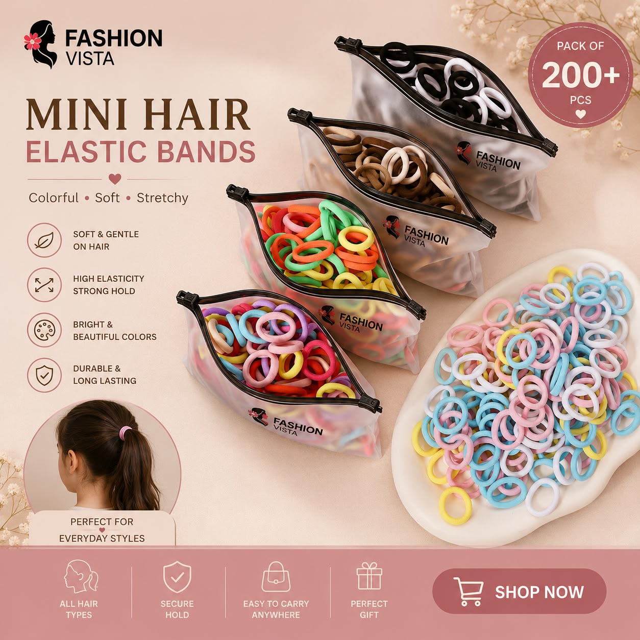 100 Pcs Seamless Elastic Hair Bands for Girls & Women | Soft Nylon Ponytail Holders | Small Hair Ties | Baby Hair Rings | Colorful Hair Accessories