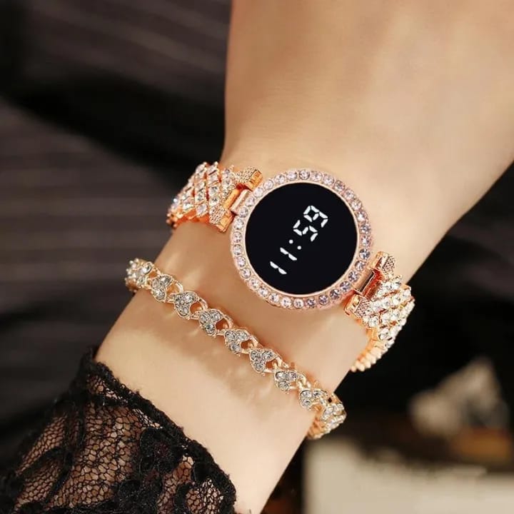 Digital LED Diamond Crystal Watch for Women Girls Round Dial Latest Touch Bracelet Watch for Ladies
