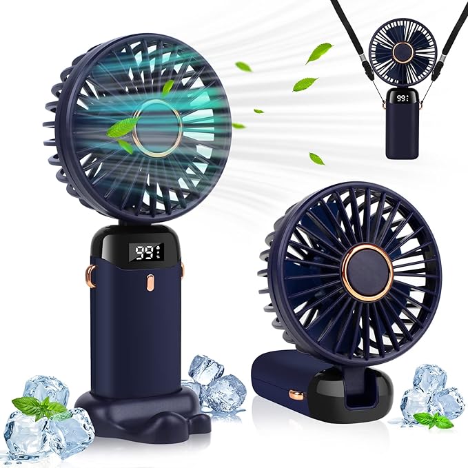 Portable Handheld Fan, 4000mAh Mini USB Rechargeable Fan with Digital Display, Small Personal Pocket Fan with 5 Speeds, Foldable Desk Fan with Lanyard and Base for Home Travel