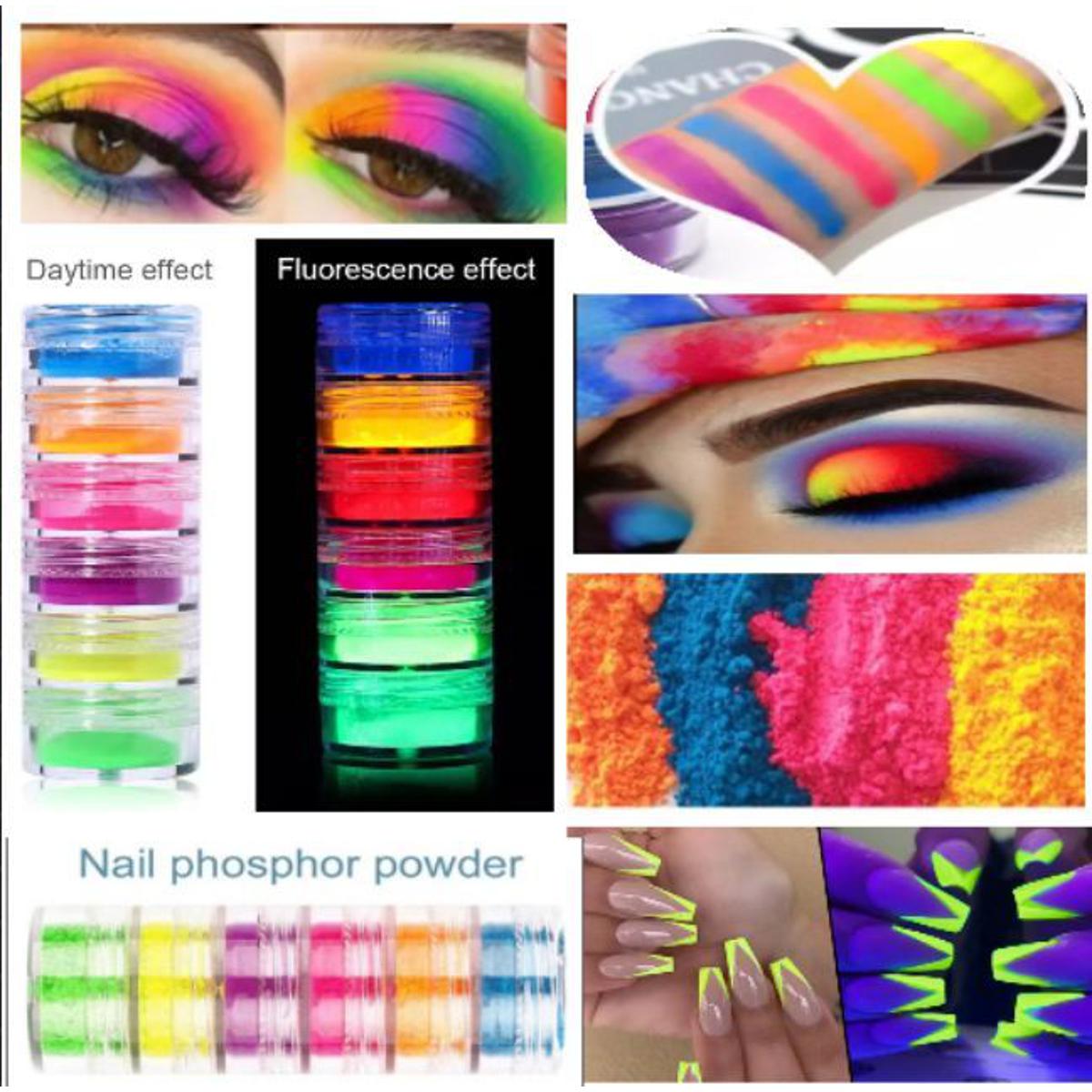 6 PCs Neon Colors Fluorescent Nail Powder UV Colorful Fluorescent Neon Phosphor Effect Dust for Nails Art