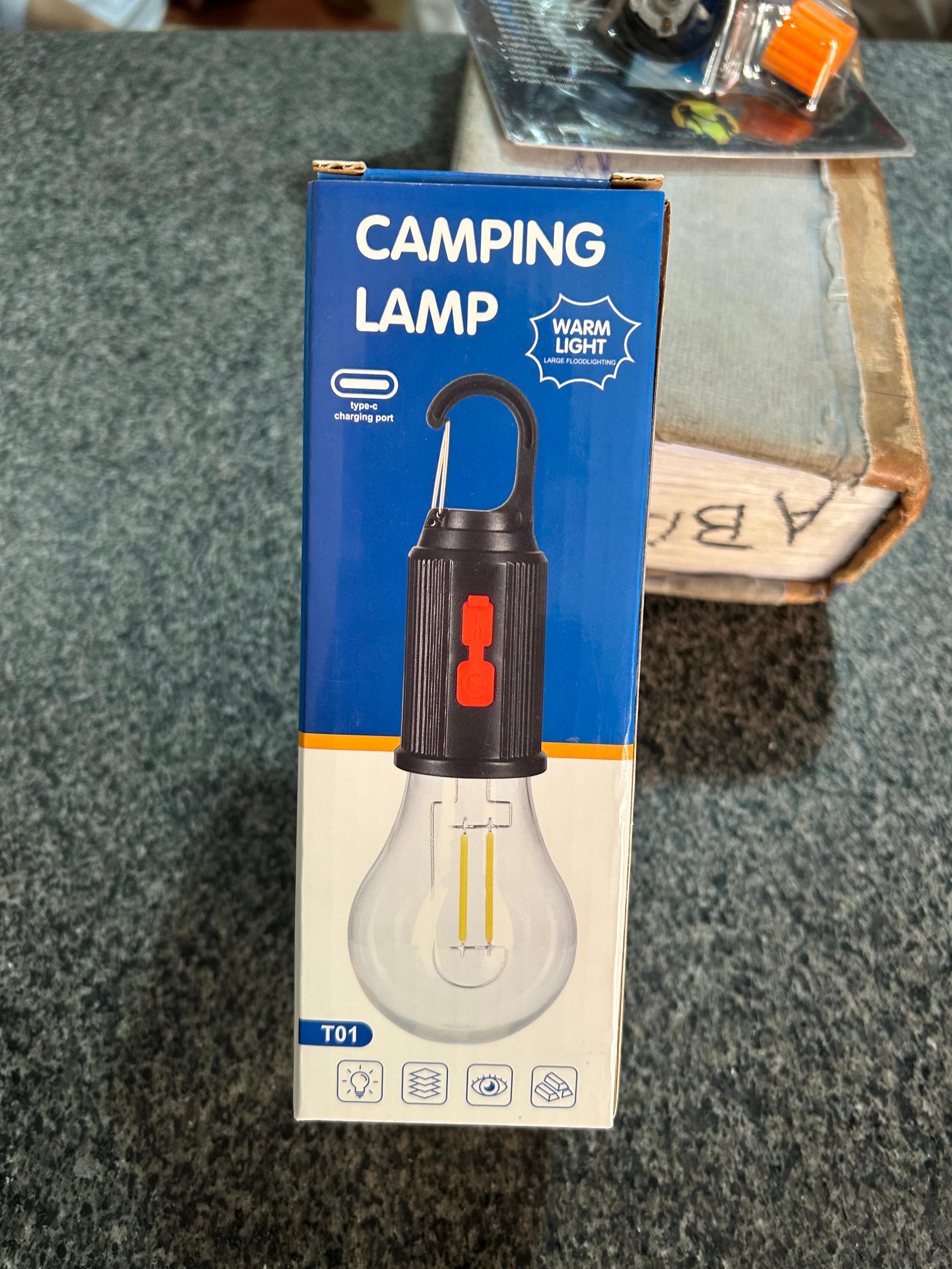Portable LED Camping Lamp with Hook – USB Rechargeable Warm Light Emergency Bulb for Outdoor, Hiking & Home Backup