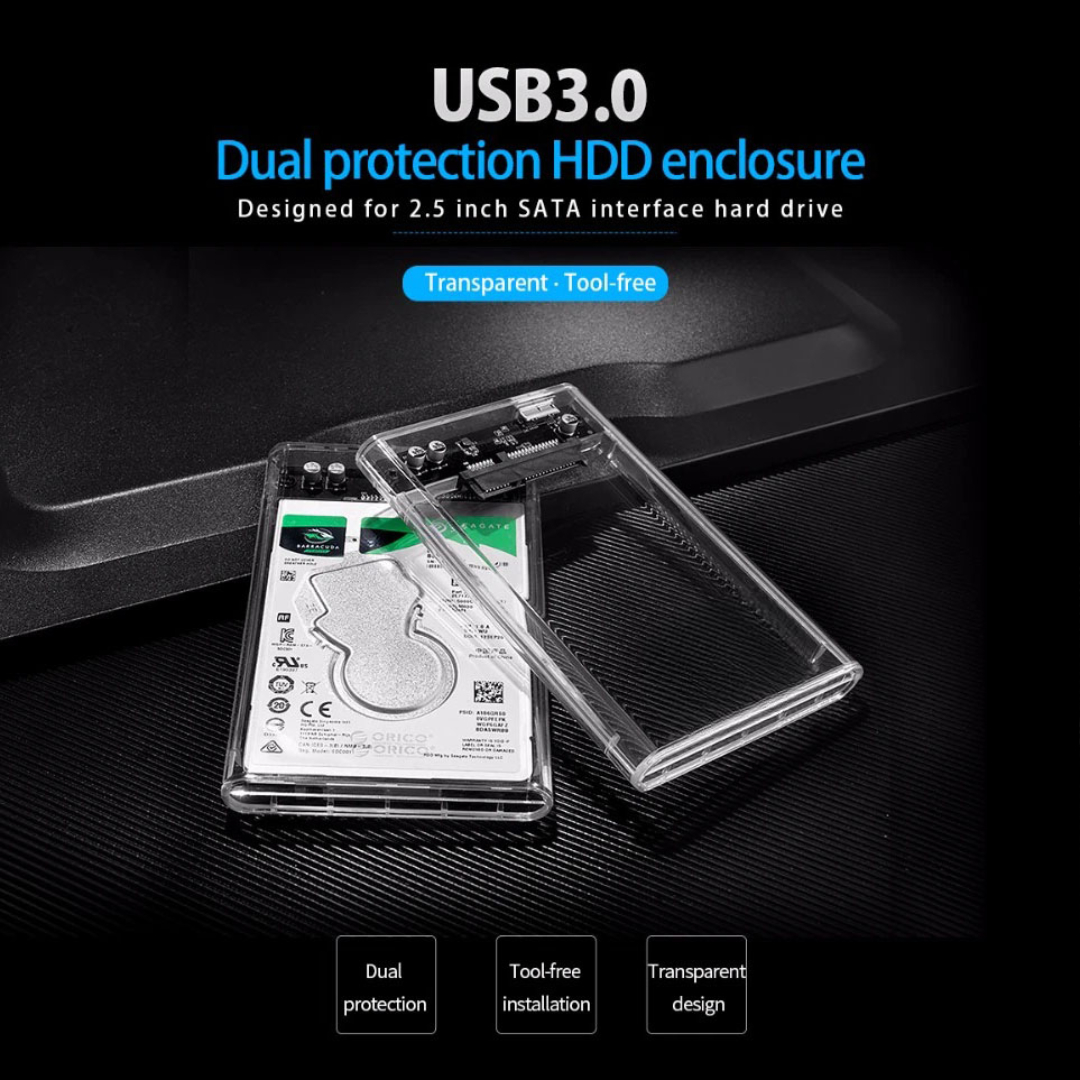 Speed-X HD-2025U3 2.5-Inch External Hard Drive Enclosure with USB 3.0 Interface, Transparent Crystal Case for SATA HDD