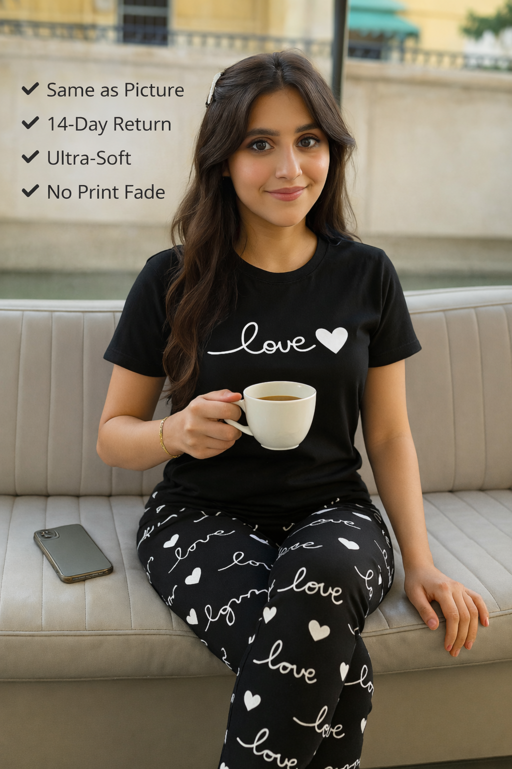 Womens Black Love Printed Nightwear Set Soft Cotton Jersey T Shirt Pajama Sleep Lounge Wear Comfortable Bedtime Clothing