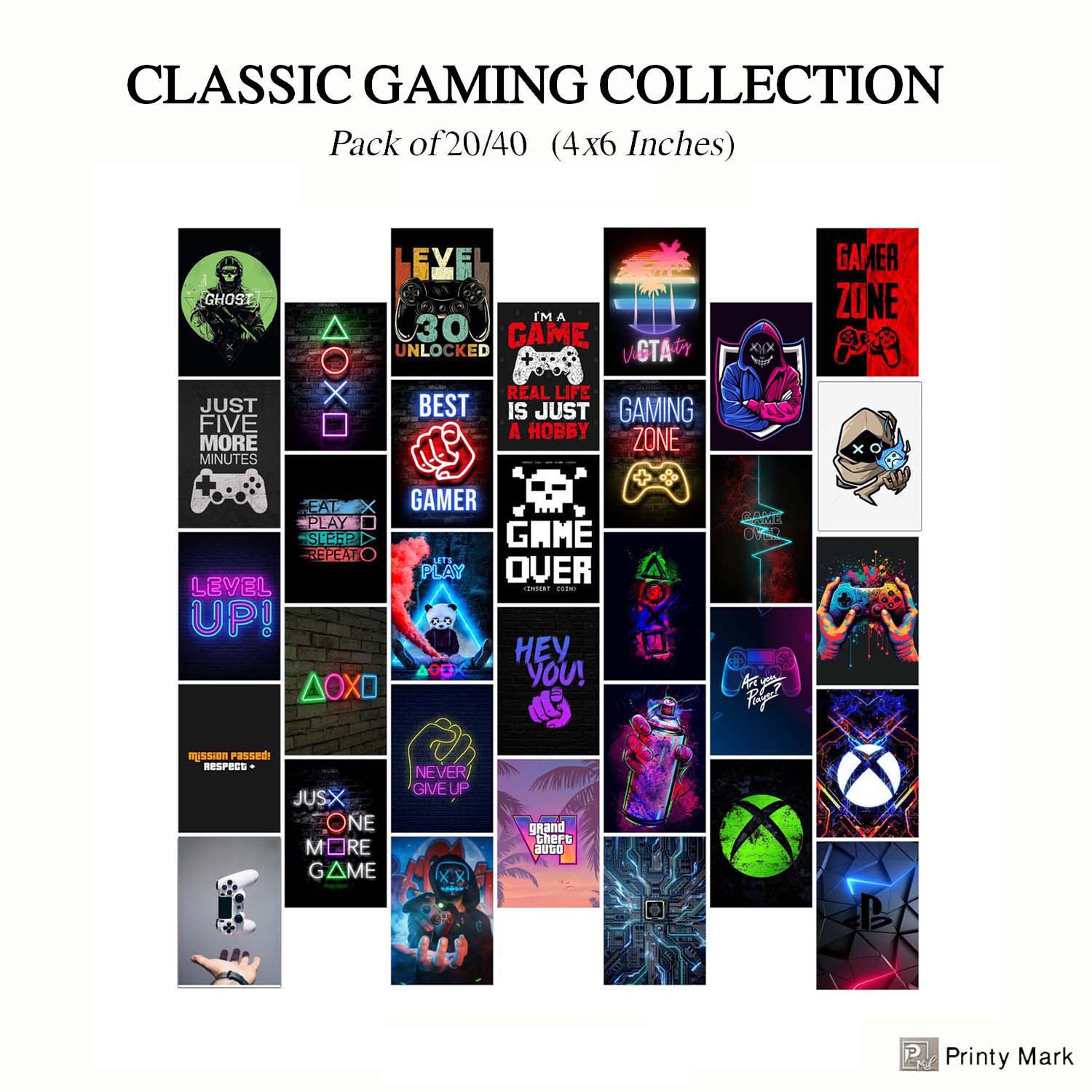 Pack of 40 Gaming Posters 4x6 Inches for Gaming Setup Wall Decor, Vibrant Graphics and Iconic Motifs l Premium Glossy Posters