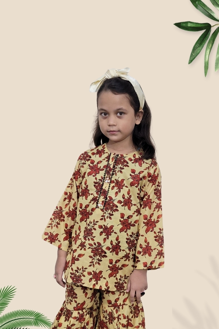 2 Pcs Girls Printed Suit Stitching Cotton