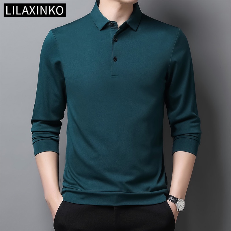 Color Plain Long Sleeve Polo Shirt Men 