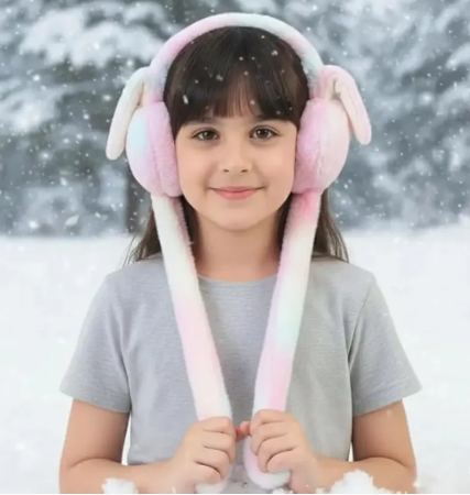 Winter Plush Bunny Ear Muffs with Moving Ears & Sound | Soft Faux Fur Ear Warmers for Kids, Girls & Women