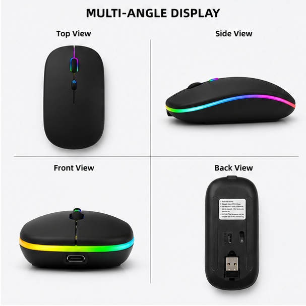 Wireless Mouse Bluetooth 5.2 + 2.4G | Rechargeable Silent Mouse with RGB LED Light | Slim Portable Mouse for Laptop PC Computer