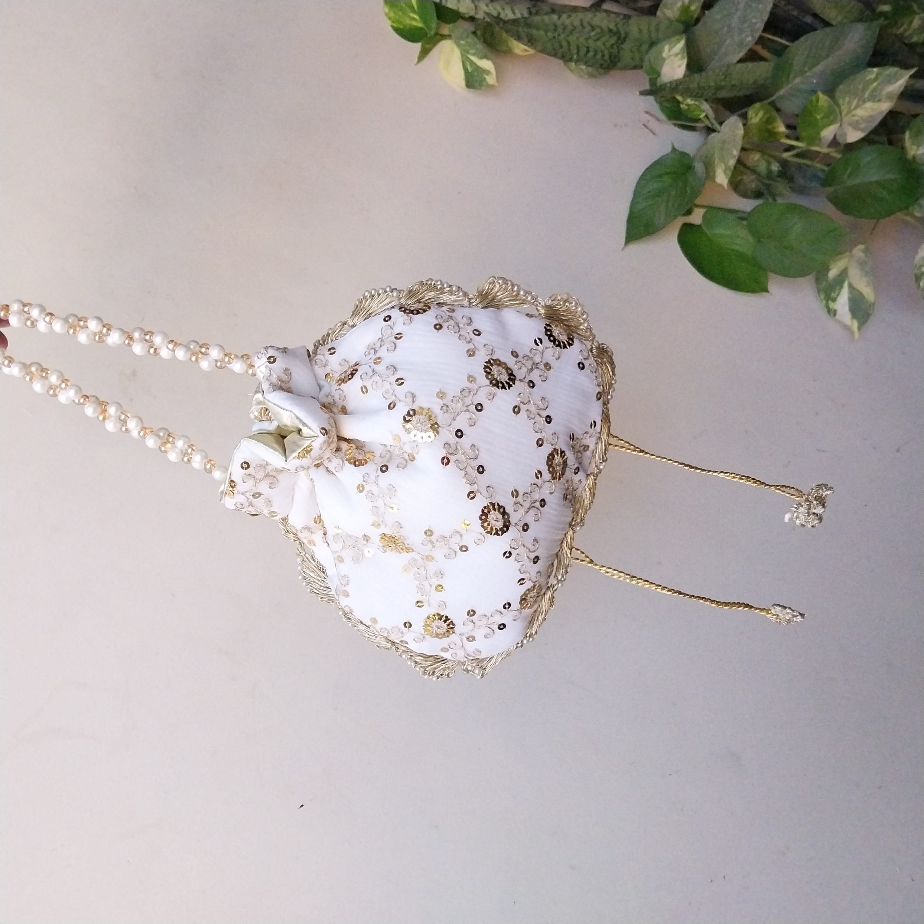 Embroidered Potli Clutch Bag with Pearl Handle for Party Wear