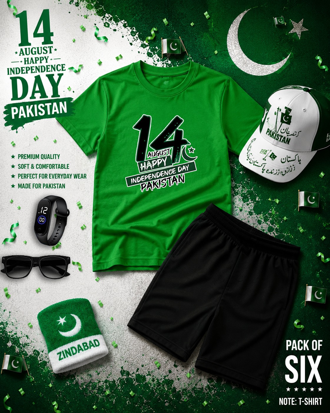 14th August Special Kids Printed Summer Tracksuit Pack of 6  Pakistan Independence Day Outfit  T-Shirt, Shorts, Cap, Hand Band, Sunglasses & Watch  Soft Fine Jersey  Baby Boys & Girls (1-8 Years)