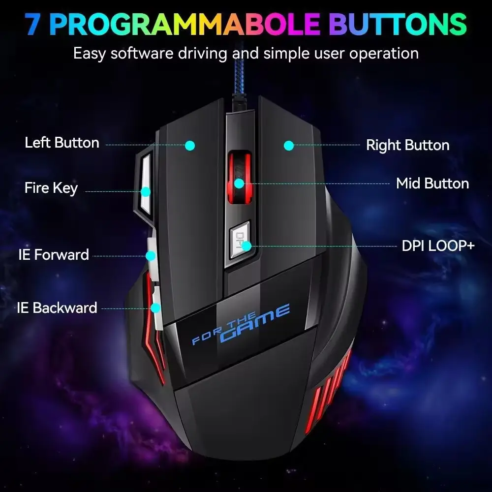 7 Button RGB Gaming Mouse Wired - Programmable Pro Gaming Mouse with Side Buttons, 3200 DPI Optical Ergonomic Design