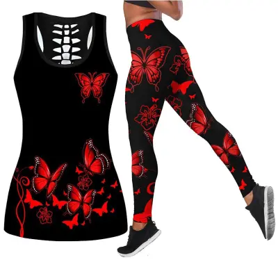 Summer Vest Butterfly Print Women outfit Hollow Tank Top+Yoga