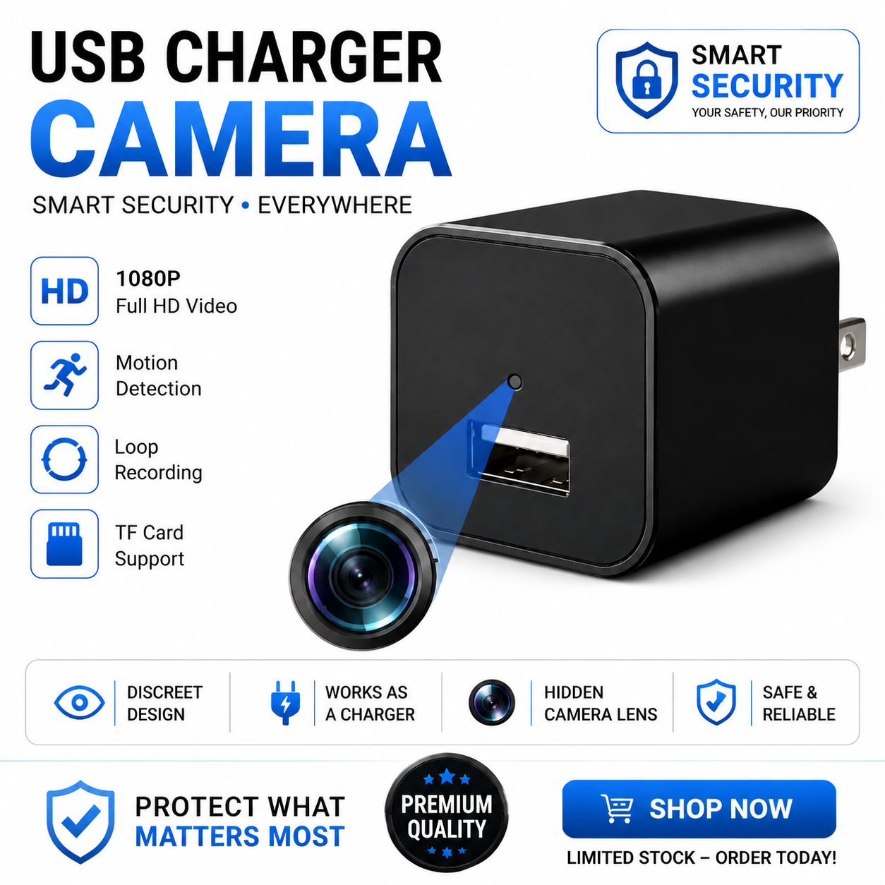 Smart Charger Camera 4K Ultra HD WiFi IP Security Camera | LookCamPro App | Remote Live View | Motion Detection | Audio Recording | Supports 128GB MicroSD TF Card | Indoor Home Office Monitoring Camera