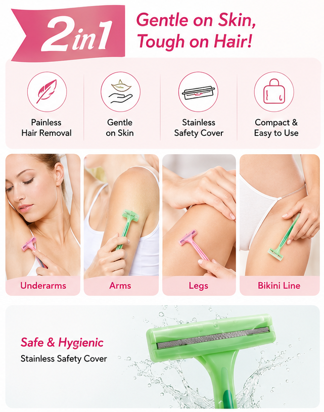 Tinkle Body Razor for Women 2 PCS Set | Facial & Body Hair Removal Razor | Eyebrow, Face, Arms, Legs & Bikini Area Shaving Razor | Stainless Steel Safety Cover | Reusable Portable Beauty Grooming Tool for Smooth & Precise Hair Removal