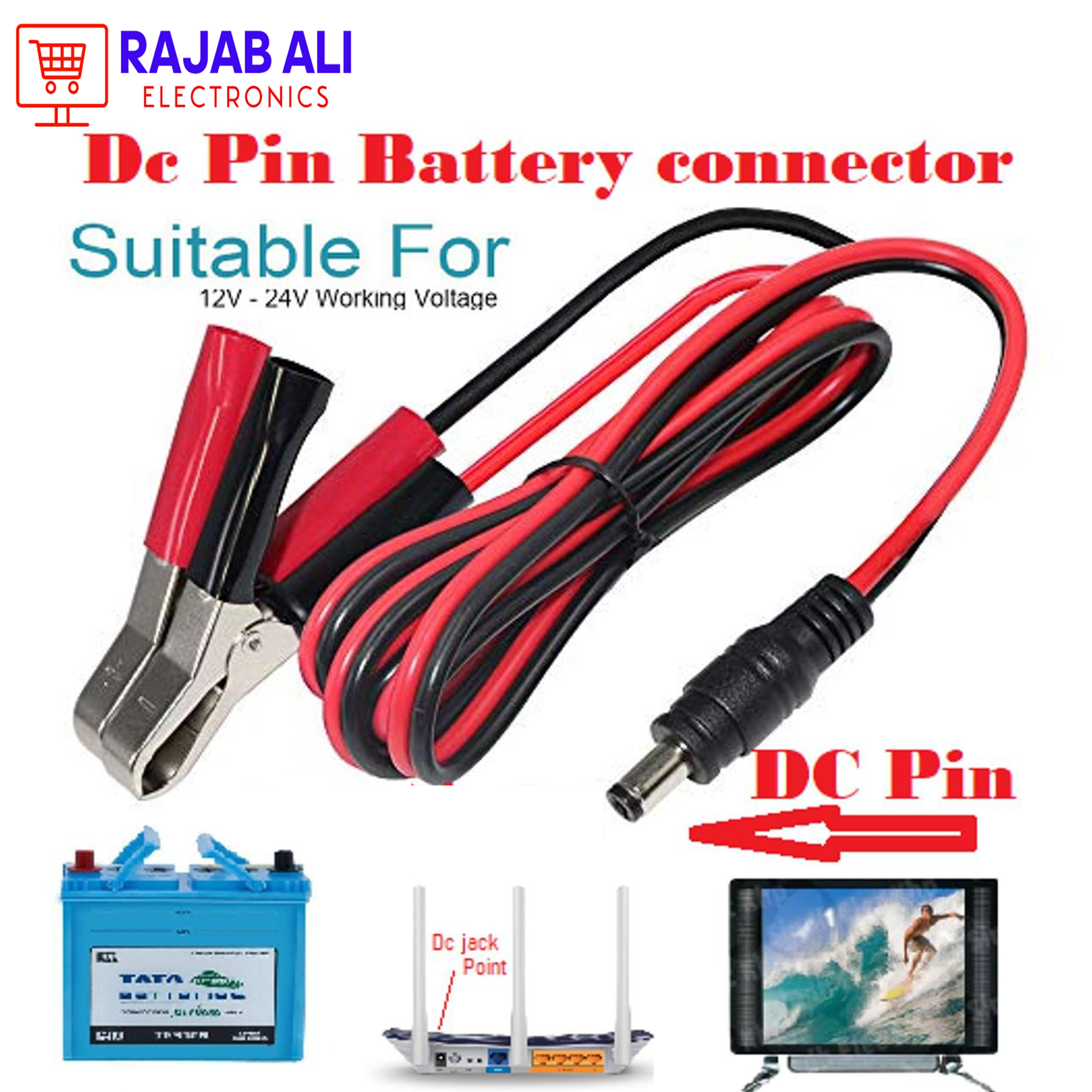 RAJAB ALI 12V-24V DC Power Cable with Clip Connector for Car Electronics - 3m High-Quality Adapter Cable for Car Refrigerator, Cigarette Lighter, Car Cleaning Systems