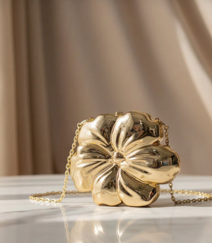 Most Trendy Mini Flower clutch Metallic / Acrylic Clutch With Long Chain For Women & Girls