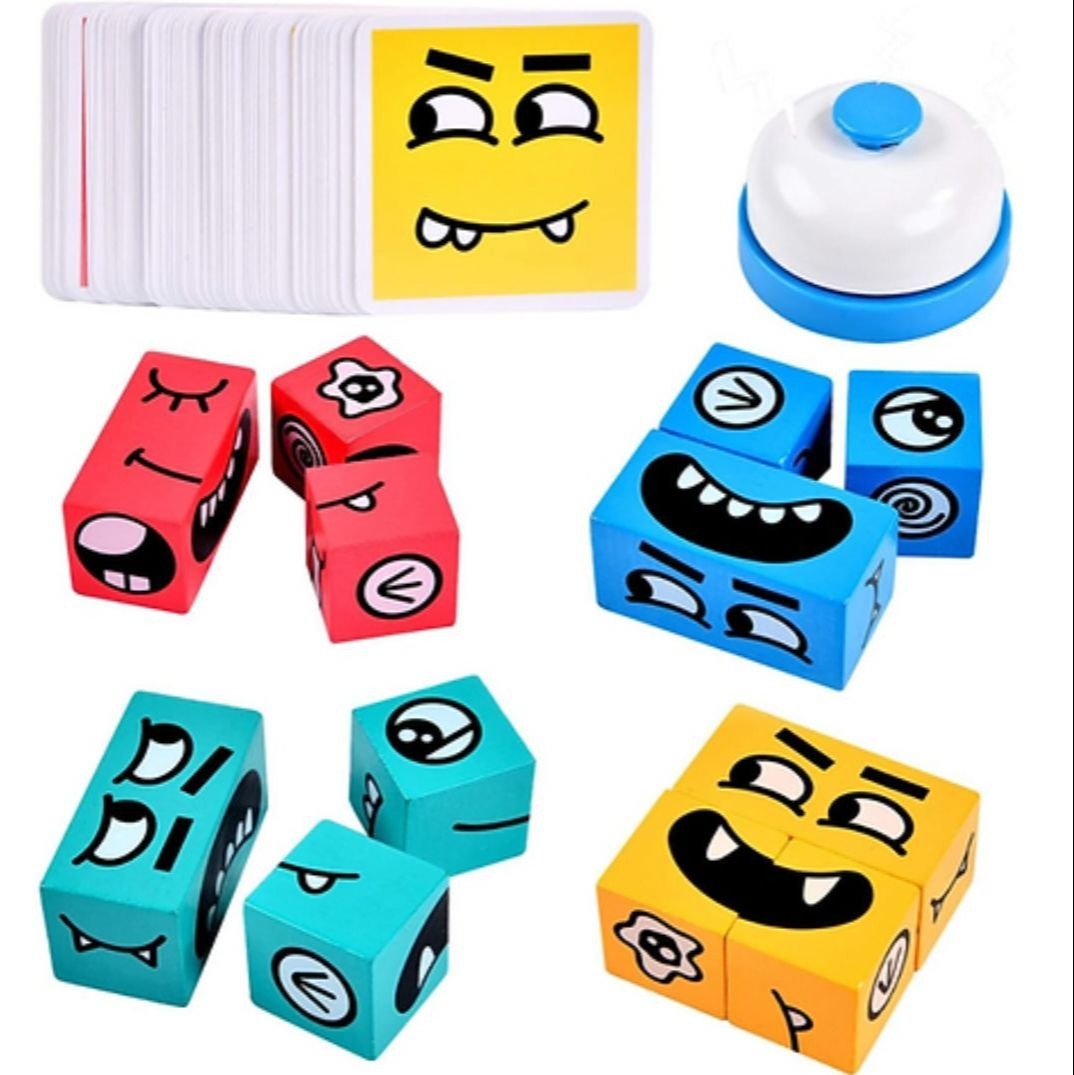 Popular Montessori Wooden Crazy Face Puzzle Game With Bell Educational Face Changing Cube Card Game