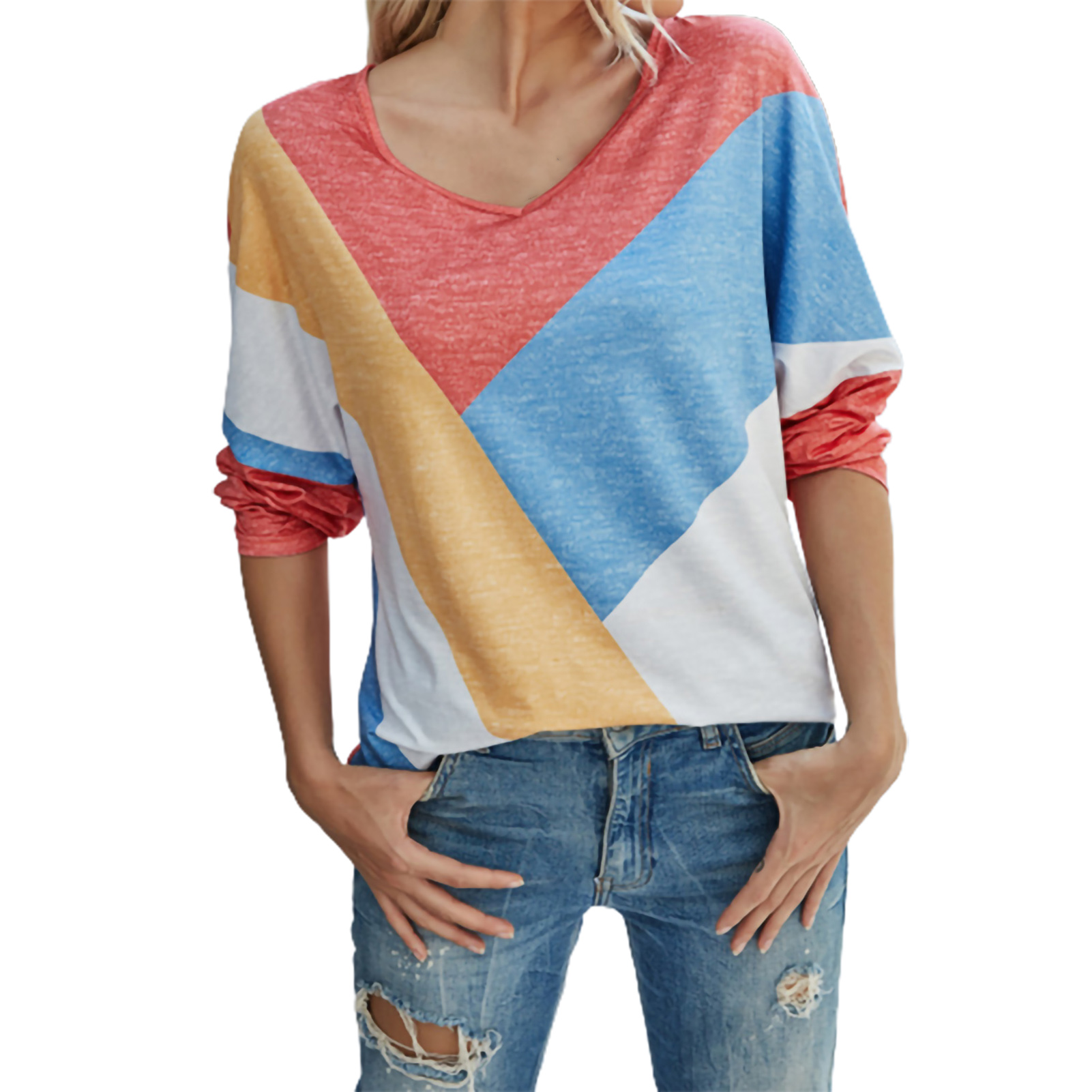 Women T shirt Long Sleeve Crew Neck Color Block Print T shirt Daraz.pk