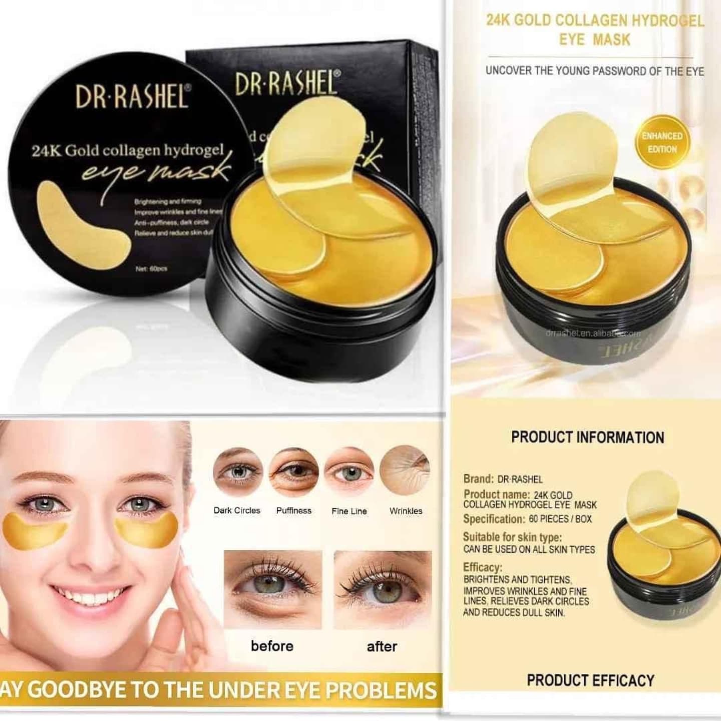 60/PcsBox 24k Gold Collagen Hydrogel Eye Mask Improve Wrinkles Anti Puffiness Dark Circle Remove