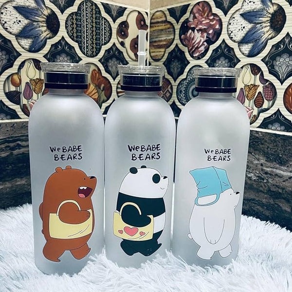 Water Bottles Cute Panda Bear Cup 1000ml With Straw Transparent Cartoon Water Bottle Drinkware Frosted Leak-proof Protein Shaker