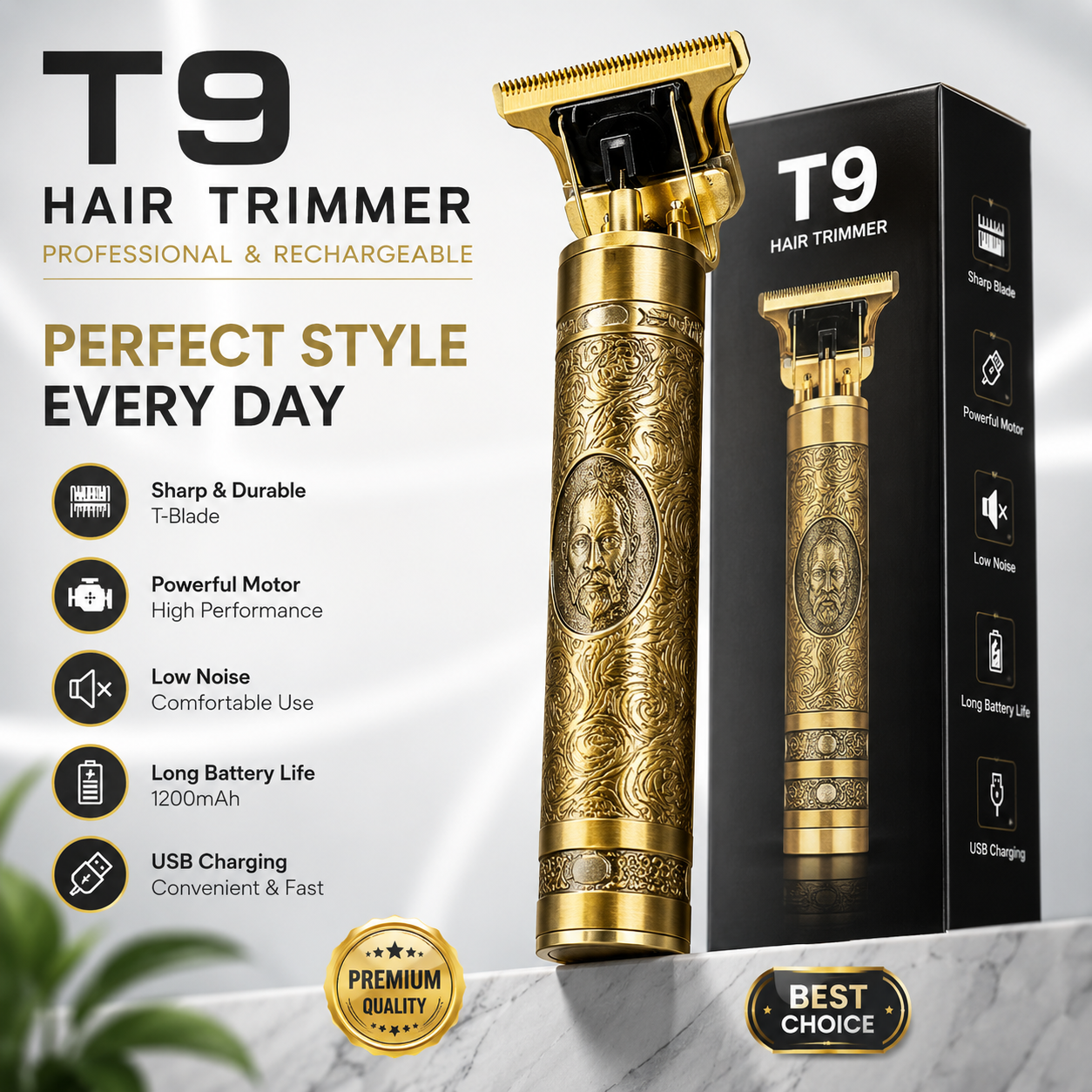 T9 Premium Rechargeable Hair and Beard Trimmer for Men | Long Lasting Stainless Steel Blade Ultra Quiet 58dB Motor | Cordless USB Charging Grooming Kit | Precision Trimmer for Beard Mustache and Hair Styling Home Salon Barber