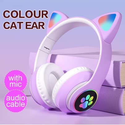 ZAYRAZ Cute Cat Ear Wireless Bluetooth Headphones with LED Lights, Noise Cancelling, Volume Control, New, Compatible with Android - One Size Fits All for Kids & Adults
