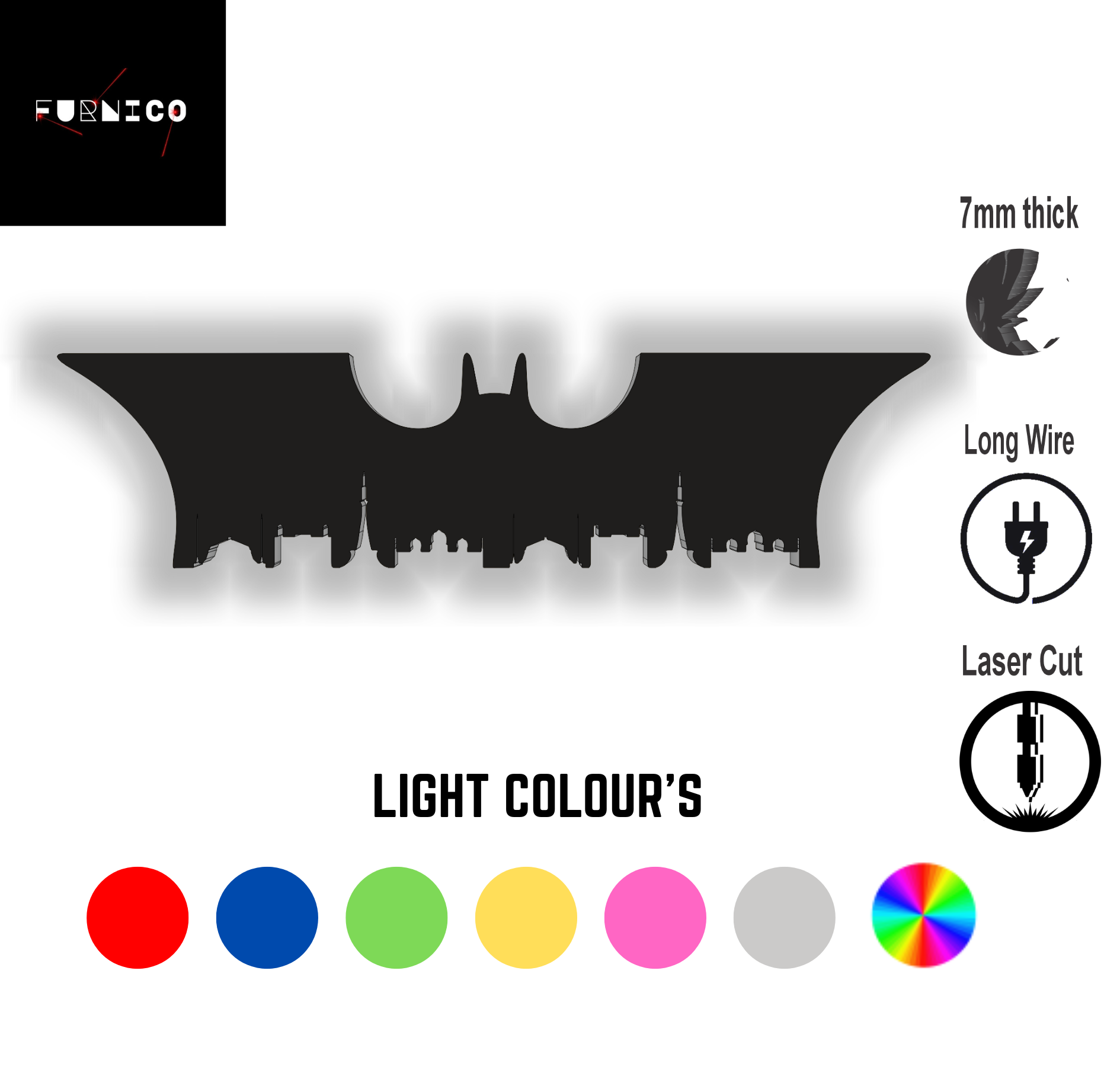 Batman-Inspired LED Wall Art Light with Multi-Color Option, 7mm Thick, Laser Cut, for Gaming and Home Decor