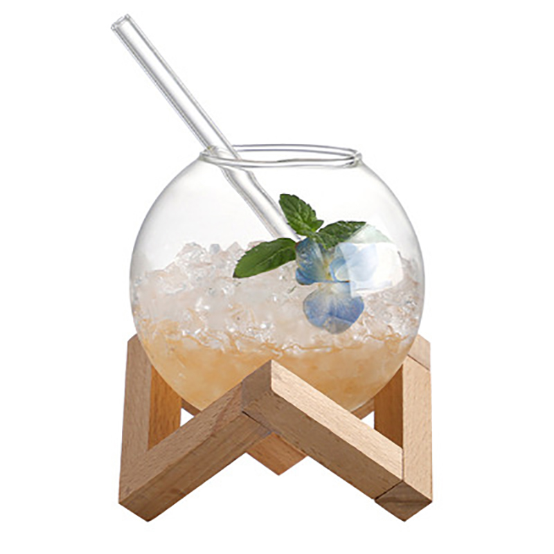 Cocktail Glass Cup With Wood Stand Creative Bar Glassware Drink Ronud Ball Mug Fruit Moon Juice Tumbler