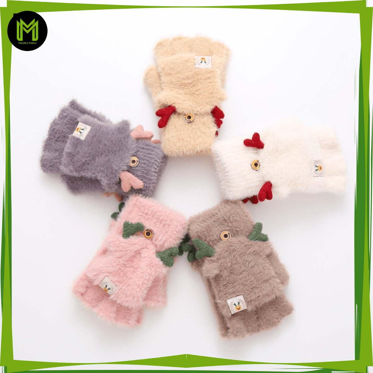 Women Lovely Winter Fingerless Stag Head Thick Warm Gloves | Fashion Fingerless Sports Gloves For Outdoor Cycling, Motorcycle, Running | Fluffy Plush Fingerless Convertible Gloves | Girls Warm Mittens For Winter
