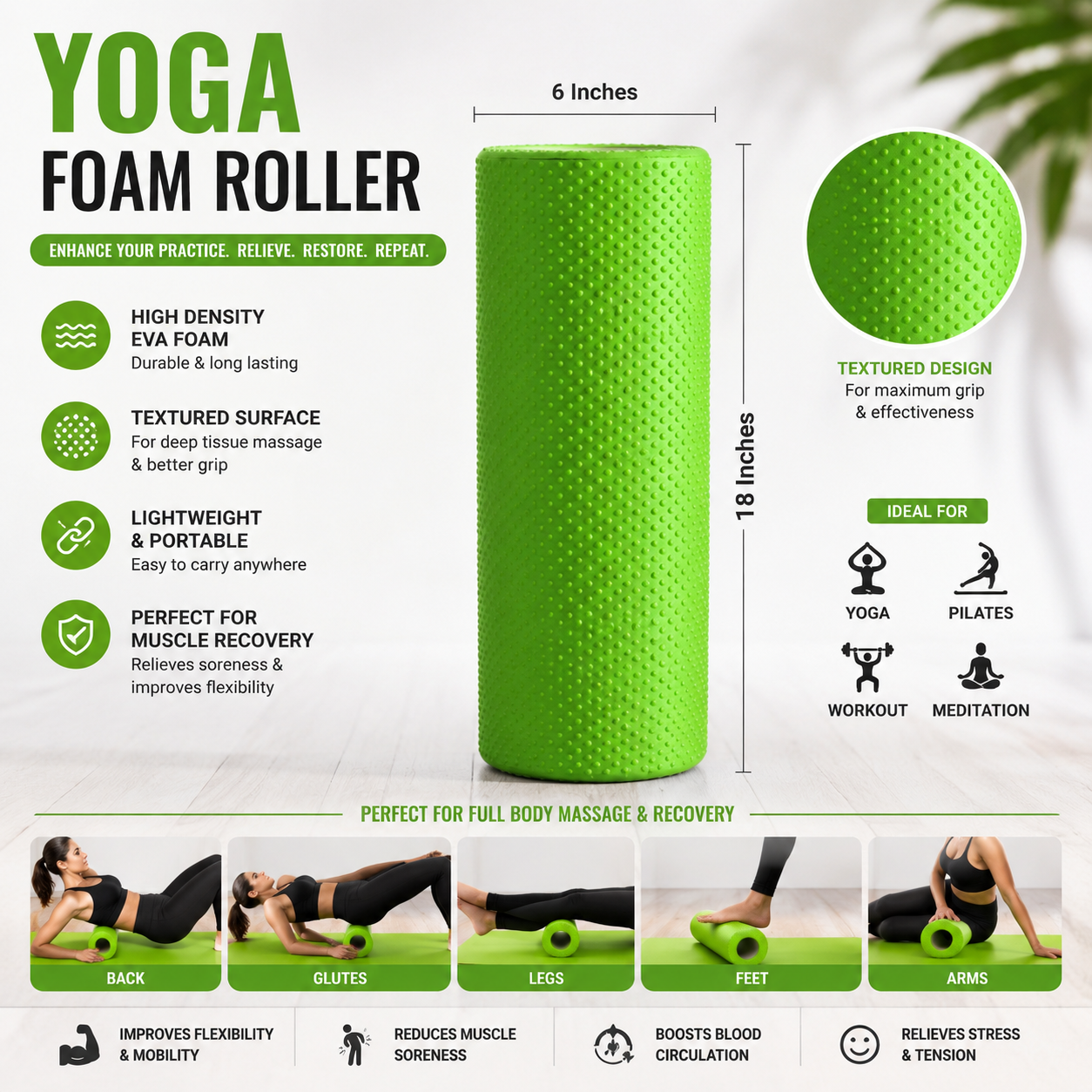High Density EVA Yoga Foam Roller | Deep Tissue Muscle Massage Roller | Gym, Fitness, Yoga & Physiotherapy Recovery Roller