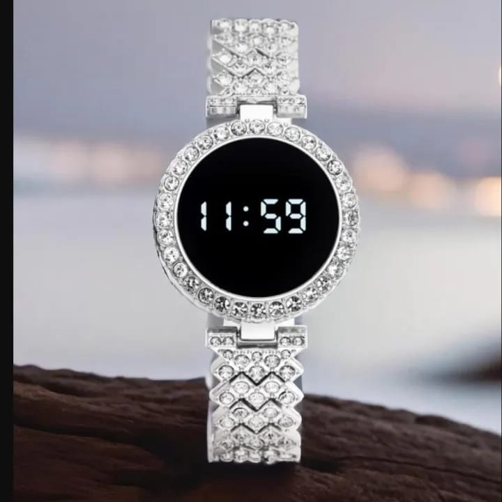 Digital LED Diamond Crystal Watch for Women Girls Round Dial Latest Touch Bracelet Watch for Ladies