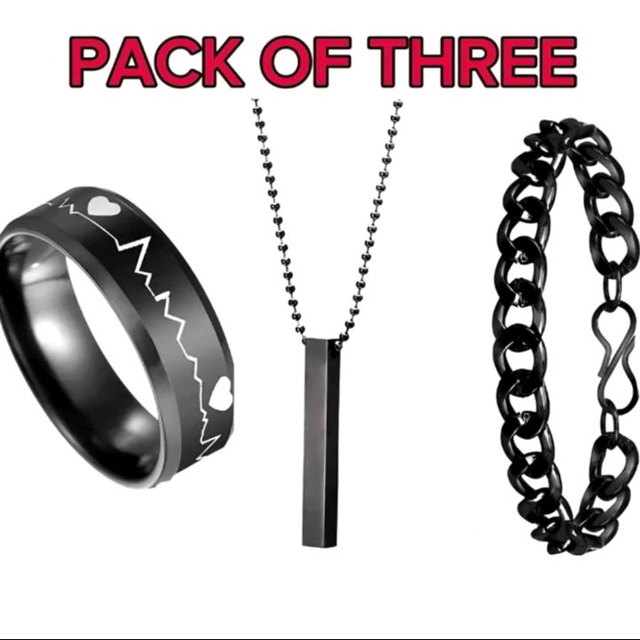PACK OF 3 AMAZING NECKLACE DEAL FOR MEN | FASHION HIGH QUALITY BLACK BAR STICK NECKLACE + BLACK STAINLESS STEEL CHAIN BRACELET + BLACK TITANIUM STAINLESS STEEL HEARTBEAT RING FOR BOY AND MEN