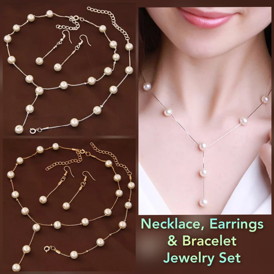 Wedding Pearl Necklace, Bracelet & Earrings Jewelry Set For Girls