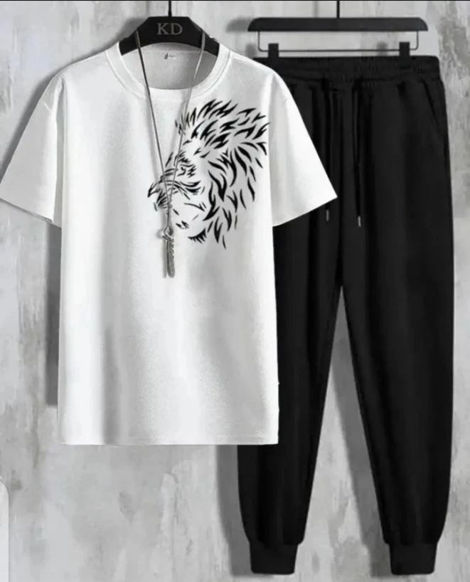 New Side Lion Face Printed Cotton Half Sleeves O Neck T shirt & Trouser For Men & Boys