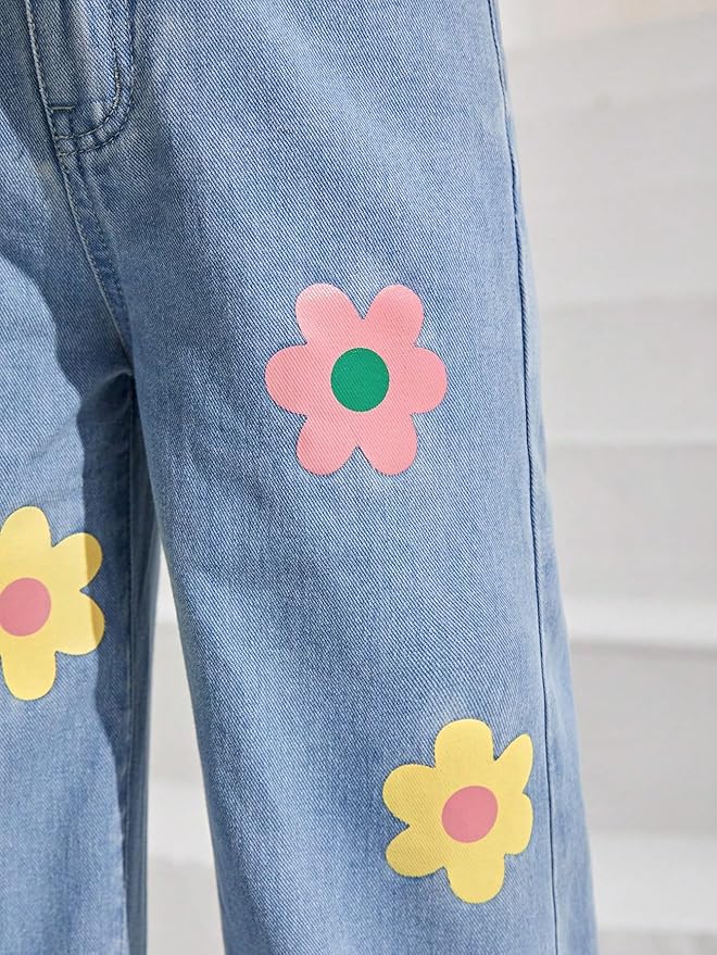 HER'TESORO Flowers Print Wide Leg Jeans For Women