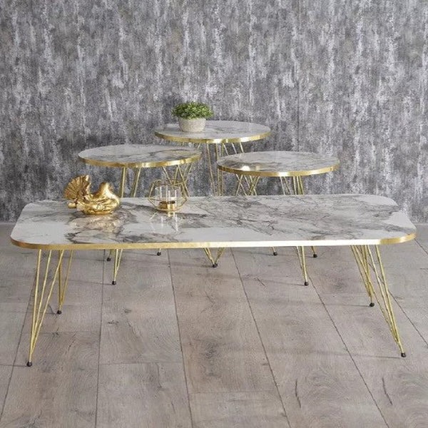 YES TO DECOR 4 PCS, Rectangular Coffee Table Set of 3 Modern Round Nesting Coffee Black Marble Table Set (Set of 4) Top Metal Legs 3 Table Set – Black Goldy Nesting nique Shapes, Luxury Geometric Design, Glossy Finish, Durable Living Room Furniture