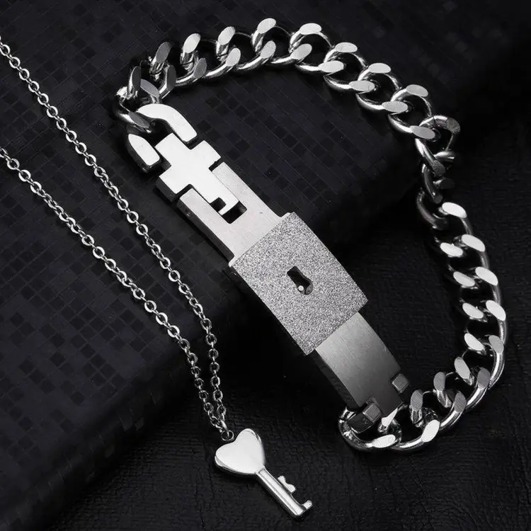 Fashion Trendy Love Key Lock Stainless Steel Pendant Necklace Can