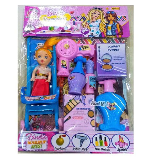 Barbie doll with pram toy Hair dryer, Perfume, Nails Polish And Lipstick Makeup Artists Sets for kids colourful plastic Mini Doll with Hair and Mini Doll with Cap 2 Different Type of Mini Doll (Aizal Mall).
