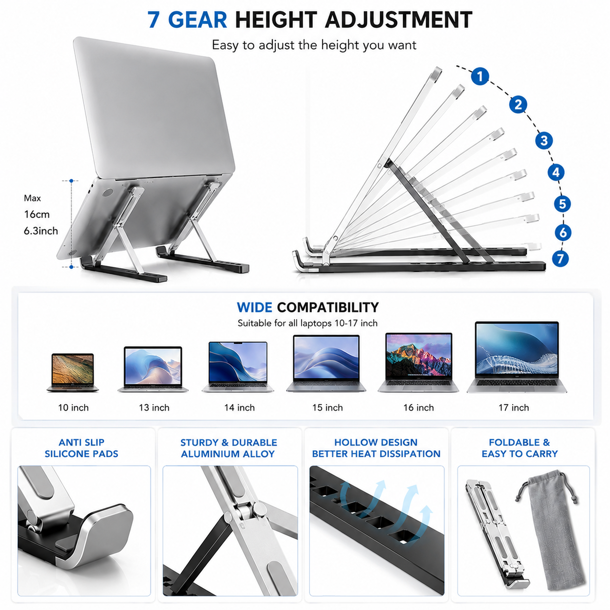 Laptop Cooling Stand Dual Single Fan Detachable Aluminium Adjustable 7 Gear Height Foldable Portable Anti Slip Rubber Grip Full Metal Body Ergonomic Notebook Riser Holder For Makbook Gaming PC Tablet Silver Black Office Home Desk Study Table Use