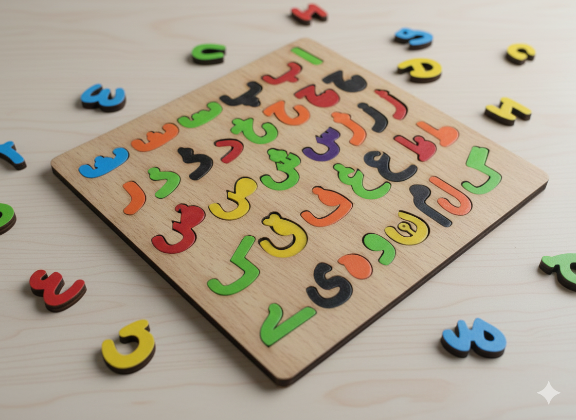 Urdu Alphabet Wooden Puzzle Board for Kids - 3D Huroof-e-Tahajji Wooden Tray | Montessori Urdu Learning Toy for Toddlers | High-Quality Alif Bay Pay Educational Board Game for Preschoolers