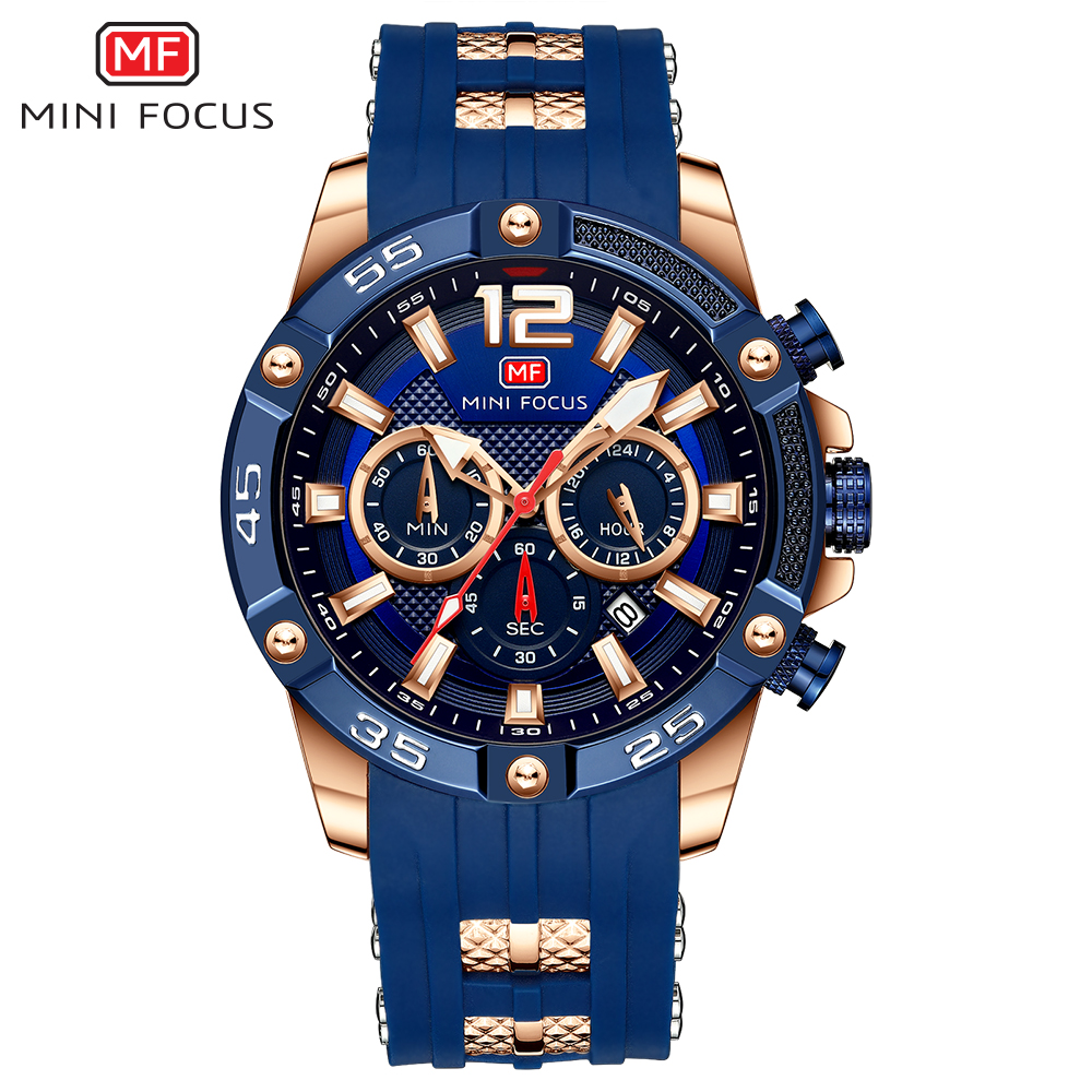Mini Focus Blue Silicone Belt Blue Dial Chronograph Watch for Men