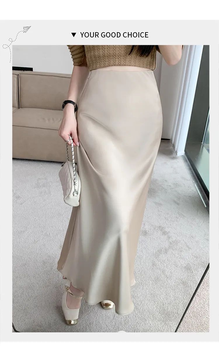 Premium Silk Casual Spring/Summer 2025 Long Solid Fishtail Skirt for Women - Elegant, Comfortable, Versatile (XS-XL)
