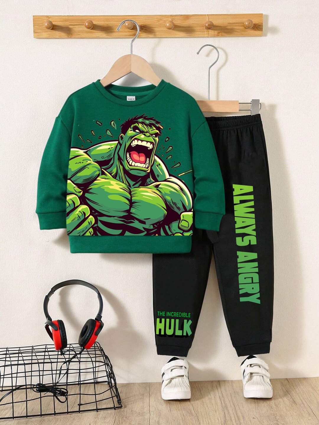 Green Hulk Printed Fleece Winter Kids Tracksuit For Boys
