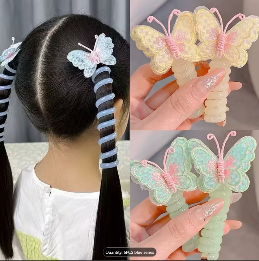 6 PCS Girls Elastic Rubber Bands | No-Crease Spiral Coil Hairbands for Kids | Waterproof Phone Cord Scrunchies & Colorful Telephone Wire Hair Ties – Cute Flower Hair Accessories & Headbands