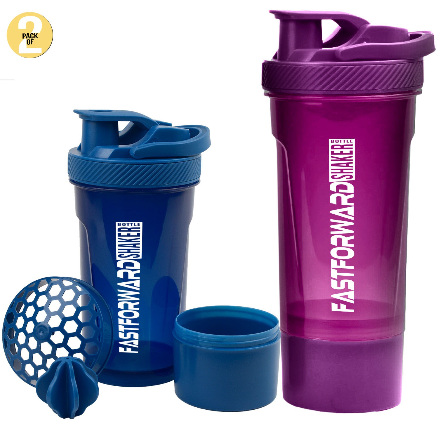 Fast Forward Shaker Bottle - 24 Ounce Protein Shaker Plastic Bottle for Pre & Post workout with Twist and Lock Protein Box Storage Pack of 2