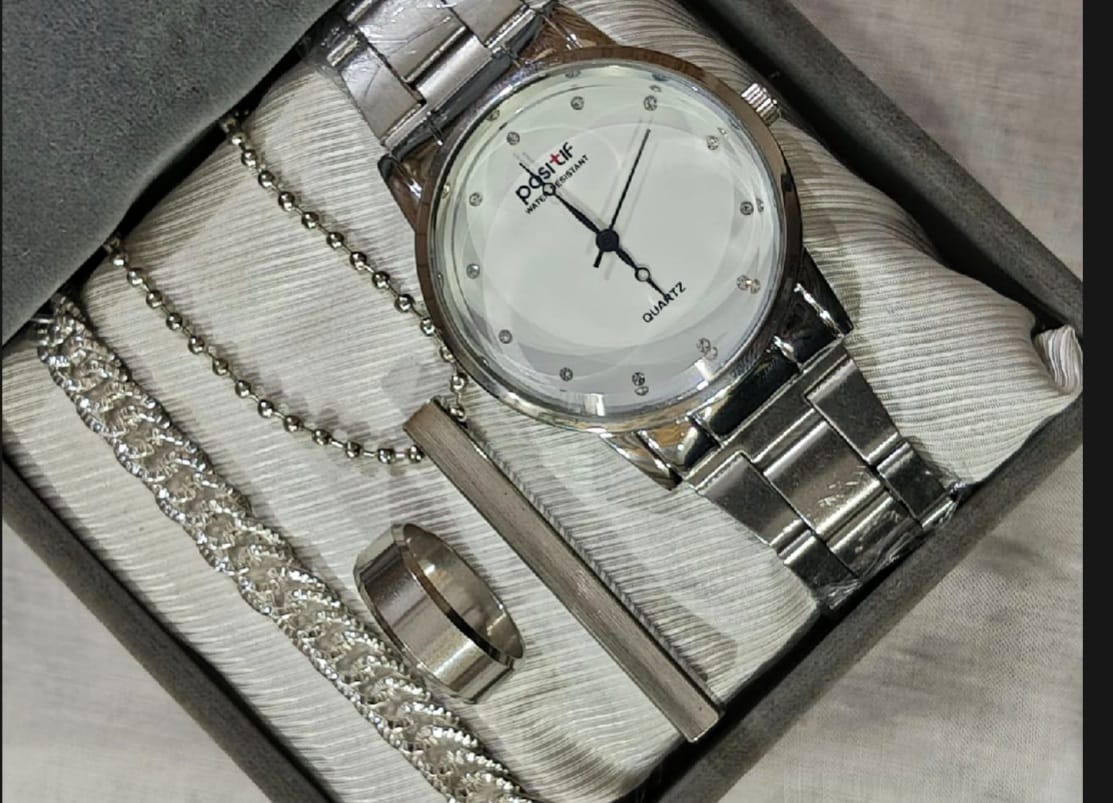 Latest Design 2025 Watch White Silver Sports Business Watches + Bracelet + Cuban Chain Bracelet +3D Bar Locket  With Chain+Ring -High Quality In Random Dial watch Design With Stainless Steel Strap + Bracelet Chain + Necklace + Ring For Boys Men