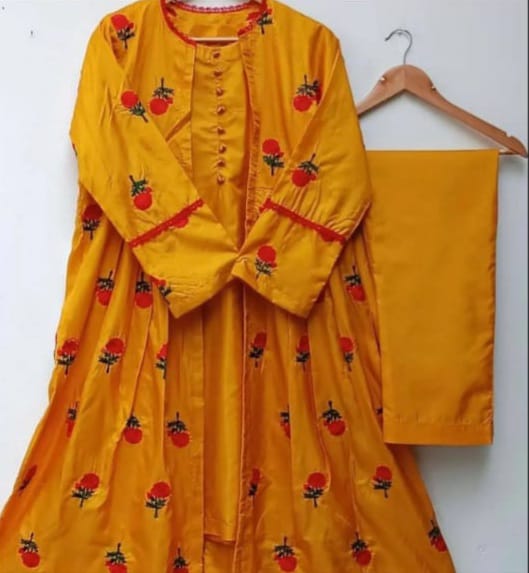 4 Piece Heavy Embroidered Shamose Silk Flare Skirt & Top Ensemble